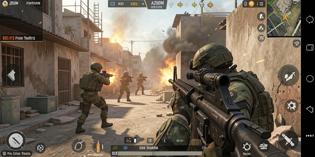 Tangkapan layar A200M menampilkan pertempuran mendebarkan dalam mode FPS.