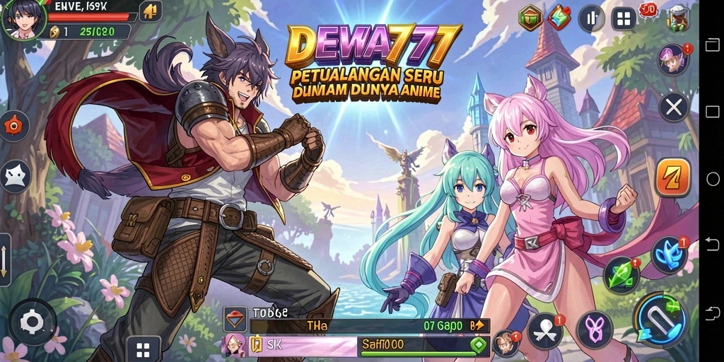 Screenshot DEWA777 menampilkan pertempuran seru dengan karakter anime.