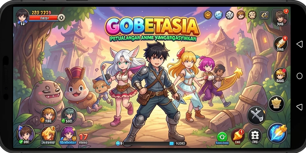 Screenshot gameplay GOBETASIA dengan karakter anime yang beraksi.