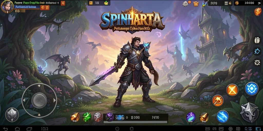 Screenshot utama SPINHARTA menampilkan pertempuran epik dan eksplorasi dunia RPG.